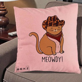 Perna Decorativa Pisica Cowboy Meowdy, 40x40 cm, Roz, Husa Detasabila, Perna Inclusa, BEKZ®