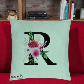 Cadou Personalizat - Perna Personalizata Monograma Florala Litera R, 40x40 cm, Verde Menta, Husa Detasabila, Perna Inclusa, BEKZ®