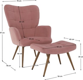 Fotoliu cu suport pentru picioare, ţesătură Velvet roz/stejar, HABEN