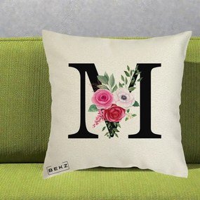 Cadou Personalizat - Perna Personalizata Monograma Florala Litera M cu Trandafiri si Anemona, 40x40 cm, Ecru, Husa Detasabila, Perna Inclusa, BEKZ®