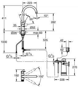 Baterie de bucatarie Grohe Blue Pure BauCurve, 3/8'', filtrare apa, pipa inalta, tip C, pivotanta, 3000 l filtru inclus, crom - 30582000