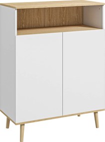 HOMCOM Bufet de bucătărie scandinav cu 2 uși, raft reglabil și picioare din lemn de pin, 80x38x102 cm, alb și stejar | Aosom Romania