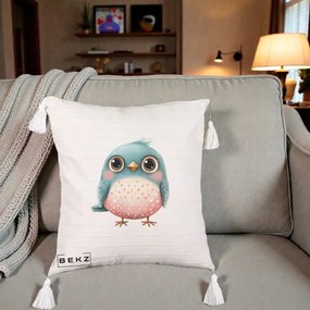 Perna Decorativa Pasare Teal-Roz cu Pete, 40x40 cm, Bej cu Franjuri, Husa Detasabila, Perna Inclusa, BEKZ®