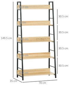 HOMCOM Bibliotecă bibliotecă de stil industrial înclinat 5 Niveluri 70L x 35l x 150H cm Culoare lemn stejar deschis Negru | Aosom Romania