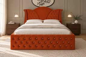 Pat tapițat Chesterfield din catifea Velora Deluxe 180×200 cm, cărămiziu, cu ladă de depozitare