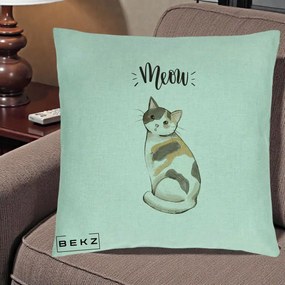 Perna Personalizata Pisica Meow Acuarela, 40x40 cm, Verde Menta, Husa Detasabila, Perna Inclusa, BEKZ®