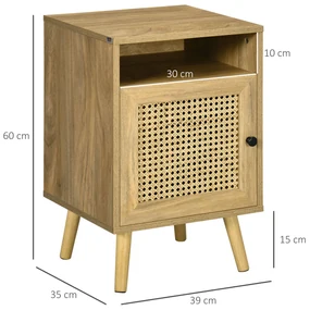 HOMCOM Set 2 Noptiere Moderne cu Dulap și Raft Deschis PAL Ratan MDF pentru Dormitor și Living 39x35x60 cm | Aosom Romania