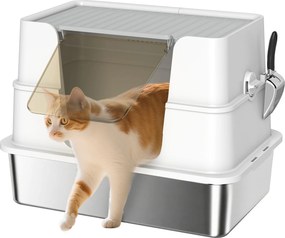 PawHut Toaletă pentru pisici, oțel inoxidabil, interior XL, cu lopată, gri deschis | Aosom Romania