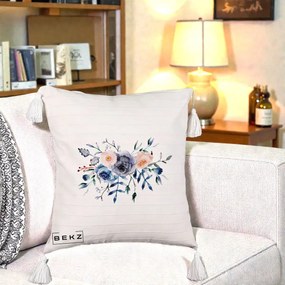 Perna Decorativa Buchet Flori Albastre Acuarela, 40x40 cm, Bej cu Franjuri, Husa Detasabila, Perna Inclusa, BEKZ®