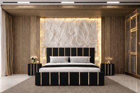 Pat tapitat Hugo 140x200 cm, Negru + Saltea Superortopedica Gold, grosime 20 cm + Set 2 noptiere Hugo, Negru