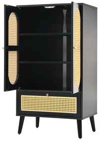 Comodă compactă, design din ratan, 2 uși, 1 sertar, 60×40×110,5 cm, Negru