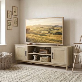 HOMCOM Comodă TV 135 cm, mobilier TV pentru televizor până la 165,1 cm cu 2 uși din ratan, 2 compartimente deschise, stejar | Aosom Romania