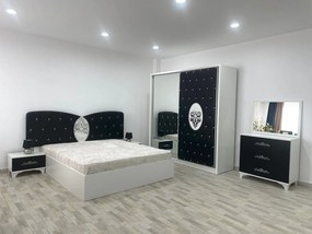 Dormitor Viena, culoare alb / negru, cu pat tapitat 160 x 200 cm, dulap cu 2 usi, comoda cu oglinda, 2 noptiere si saltea