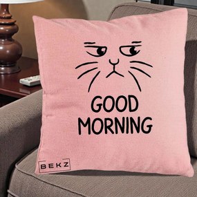 Perna Decorativa Pisica Morocanoasa Good Morning, 40x40 cm, Roz, Husa Detasabila, Perna Inclusa, BEKZ®
