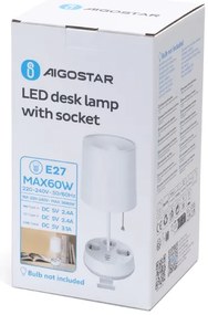 Aigostar - Lampă de masă cu prize și porturi USB 1xE27/60W/230V albă