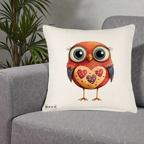 Perna Decorativa Bufnita Rosie cu Inimi Aurii, 40x40 cm, Crem Reliefat, Husa Detasabila, Perna Inclusa, BEKZ®