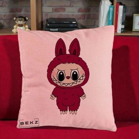 Perna Personalizata Labubu Rosu-Visiniu Solo, 40x40 cm, Roz, Husa Detasabila, Perna Inclusa, BEKZ®