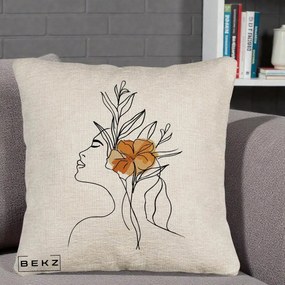 Perna Decorativa Portret Feminin Floare Portocalie Lateral, 40x40 cm, Bej Canapea, Husa Detasabila, Perna Inclusa, BEKZ®
