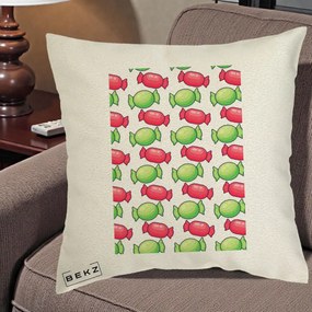 Perna Decorativa Bomboane Craciun Pattern, 40x40 cm, Ecru, Husa Detasabila, Perna Inclusa, BEKZ®