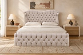 Pat tapițat Chesterfield Avella 180×200 cm, crem, cu ladă de depozitare