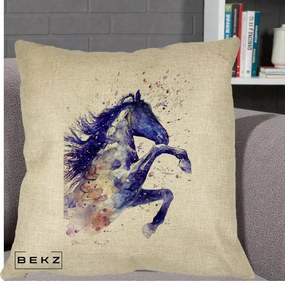Perna Decorativa Cal Albastru Acuarela, 40x40 cm, Crem, Husa Detasabila, Perna Inclusa, BEKZ®