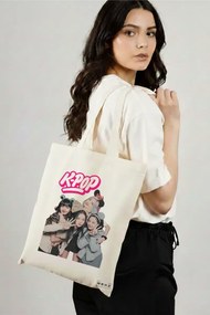 Sacosa de Panza pentru Cumparaturi, Geanta Tote, model Blackpink k-pop, 38x34.5 cm, Alba, BEKZ®