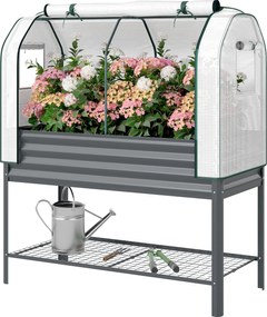 Outsunny Bazin de grădină pe picioare din metal cu seră, jardiniere ridicată cu căptușeală și poliță inferioară, Gri închis | Aosom Romania