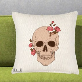Perna Decorativa Craniu Floral Gothic, 40x40 cm, Crem Reliefat, Husa Detasabila, Perna Inclusa, BEKZ®