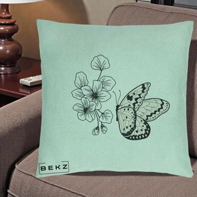Perna Decorativa Fluture si Flori Linie Monocroma, 40x40 cm, Verde Menta, Husa Detasabila, Perna Inclusa, BEKZ®