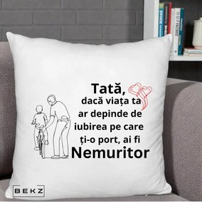 Cadou pentru Tata - Perna Personalizata Tata Nemuritor Bicicleta, 40x40 cm, Alb Pufos, Husa Detasabila, Perna Inclusa, BEKZ®