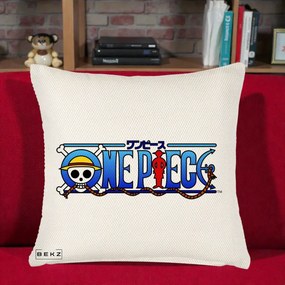 Perna Personalizata One Piece Clasic Albastru, 40x40 cm, Crem Reliefat, Husa Detasabila, Perna Inclusa, BEKZ®