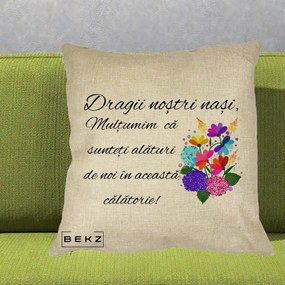 Cadou pentru Nasi - Perna Personalizata Dragii Nostri Nasi Multumim cu Flori Multicolore, 40x40 cm, Crem, Husa Detasabila, Perna Inclusa, BEKZ®