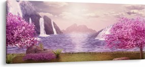 Tablou cu pomi roz cu lac (120x50 cm)