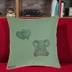 Perna Decorativa, Model Elefant si baloane in forma de inimioare, 40x40 cm, Verde, Husa Detasabila, Perna Inclusa, BEKZ®