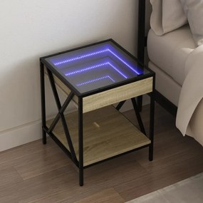 3284097 vidaXL Noptieră cu LED infinity, stejar sonoma, 40x40x49 cm