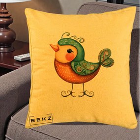 Perna Decorativa Pasare Ornamentala Folk Art, 40x40 cm, Galben, Husa Detasabila, Perna Inclusa, BEKZ®