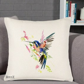 Perna Decorativa Colibri Acuarela, 40x40 cm, Crem Reliefat, Husa Detasabila, Perna Inclusa, BEKZ®