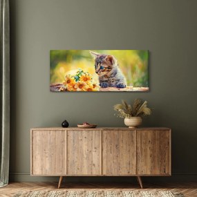 Tablou cu pisicuța uitându-se la floare (120x50 cm)