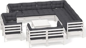 vidaXL Set mobilier grădină cu perne, 12 piese, alb, lemn masiv pin