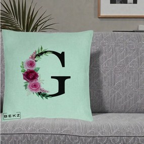 Cadou Personalizat - Perna Personalizata Monograma Florala Litera G, 40x40 cm, Verde Menta, Husa Detasabila, Perna Inclusa, BEKZ®