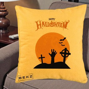 Perna Decorativa Happy Halloween Cimitir cu Luna, 40x40 cm, Galben, Husa Detasabila, Perna Inclusa, BEKZ®