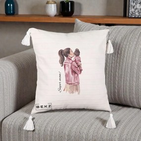 Cadou pentru Mama - Perna Personalizata Super Mom Jachete Roz, 40x40 cm, Bej cu Franjuri, Husa Detasabila, Perna Inclusa, BEKZ®