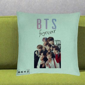 Perna Personalizata K-pop BTS Forever cu Foto Grup Negru, 40x40 cm, Verde Menta, Husa Detasabila, Perna Inclusa, BEKZ®