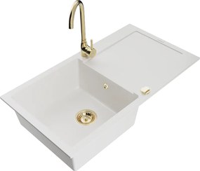 Mexen Leo chiuvetă din granit cu 1 compartiment cu scurgător și baterie de bucătărie Telma, alb - 6501-20-670200-50