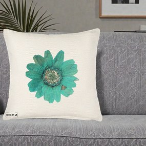 Perna Decorativa Floare Gerbera Teal Acuarela, 40x40 cm, Crem Reliefat, Husa Detasabila, Perna Inclusa, BEKZ®