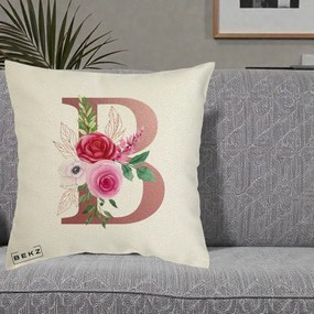 Cadou Personalizat - Perna Personalizata Monograma Rose Gold Litera B, 40x40 cm, Ecru, Husa Detasabila, Perna Inclusa, BEKZ®