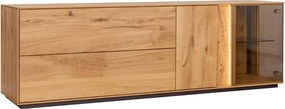 Comodă TV lemn masiv Aurora cu Vitrină Iluminată Stejar, 185 × 37 × 60 cm