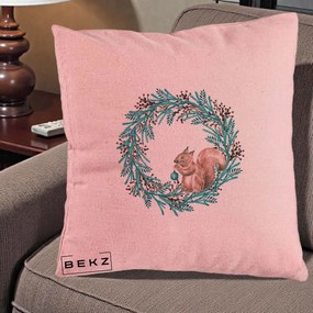 Perna Decorativa Coroana Turcoaz cu Veverita, 40x40 cm, Roz, Husa Detasabila, Perna Inclusa, BEKZ®