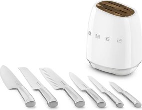 Set de cutite cu suport SMEG KBSF02WH, 7 piese, Manere din lemn de salcam, Otel inoxidabil german, Alb