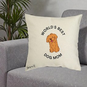 Cadou pentru Iubitorii de Caini - Perna Personalizata World's Best Dog Mom, 40x40 cm, Ecru, Husa Detasabila, Perna Inclusa, BEKZ®